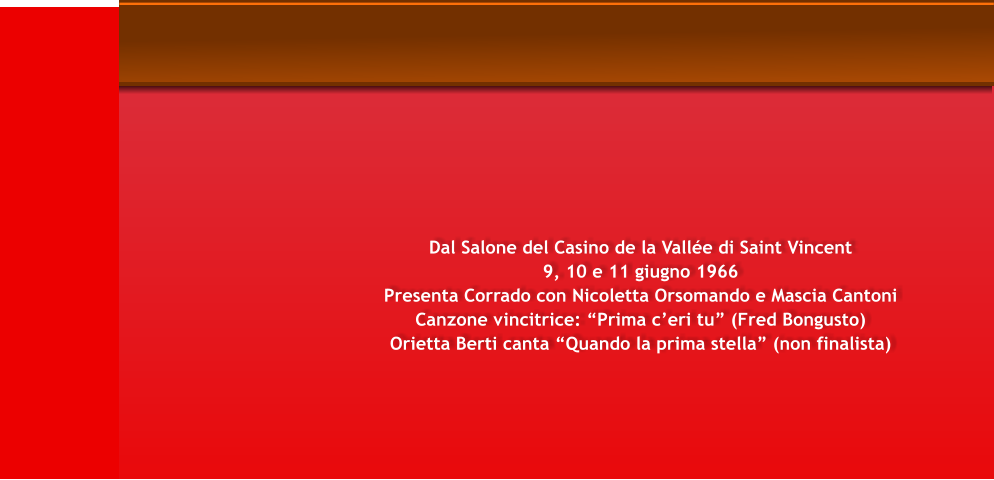 Dal Salone del Casino de la Valle di Saint Vincent 9, 10 e 11 giugno 1966 Presenta Corrado con Nicoletta Orsomando e Mascia Cantoni Canzone vincitrice: Prima ceri tu (Fred Bongusto) Orietta Berti canta Quando la prima stella (non finalista)